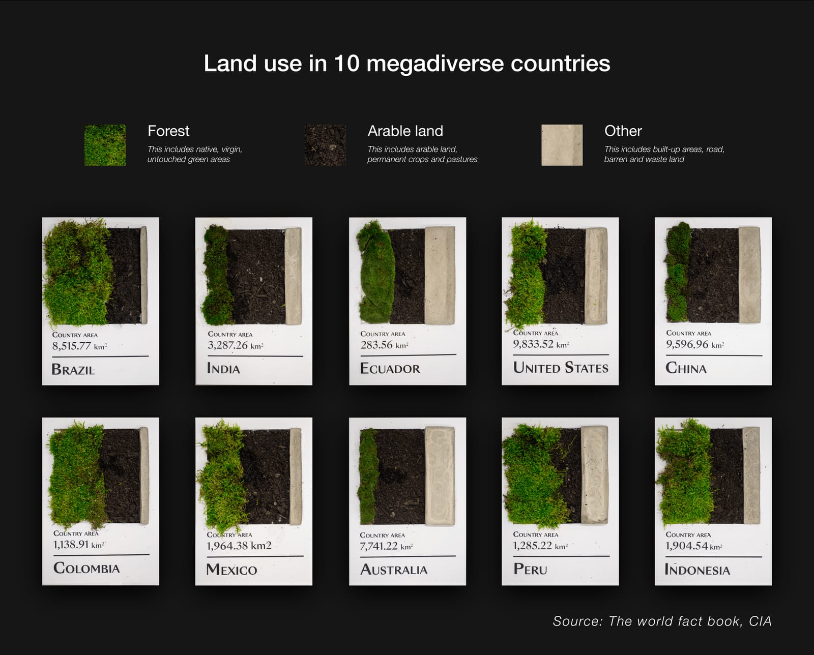 Land use in 10 megadiverse countries: forest, arable land and other land, one board per country