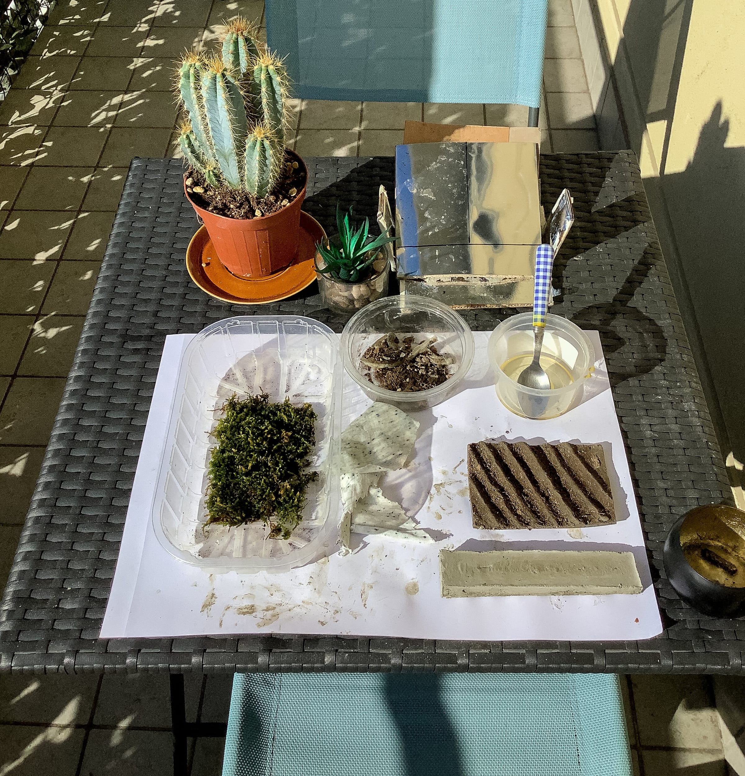 Material tests: moss, soil and concrete samples on a table