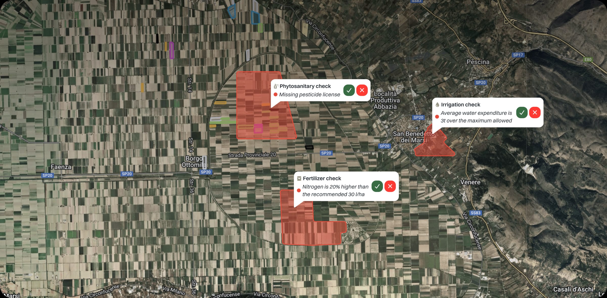 Satellite field map with flagged parcels